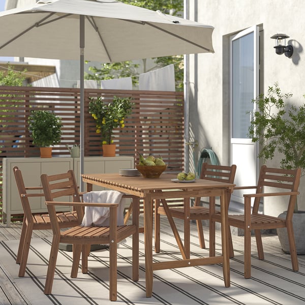 ASKHOLMEN table+4 chairs w armrests, outdoor, dark brown, 143x75 cm