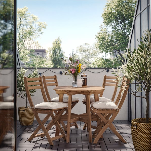 ASKHOLMEN gateleg table+4 chairs, outdoor, foldable dark brown/Kuddarna light grey-beige, 106x36 cm