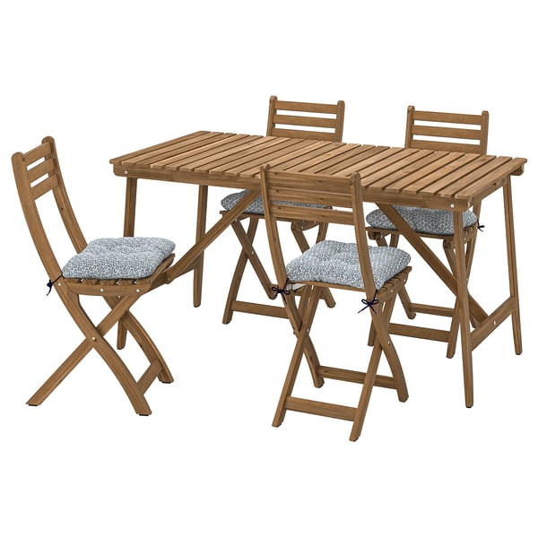 ASKHOLMEN table+4 folding chairs, outdoor, dark brown/Klösan blue, 143x75 cm