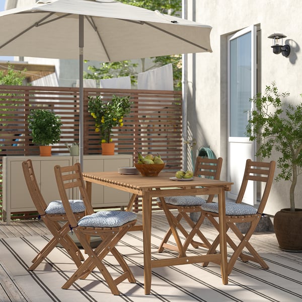 ASKHOLMEN table+4 folding chairs, outdoor, dark brown/Klösan blue, 143x75 cm