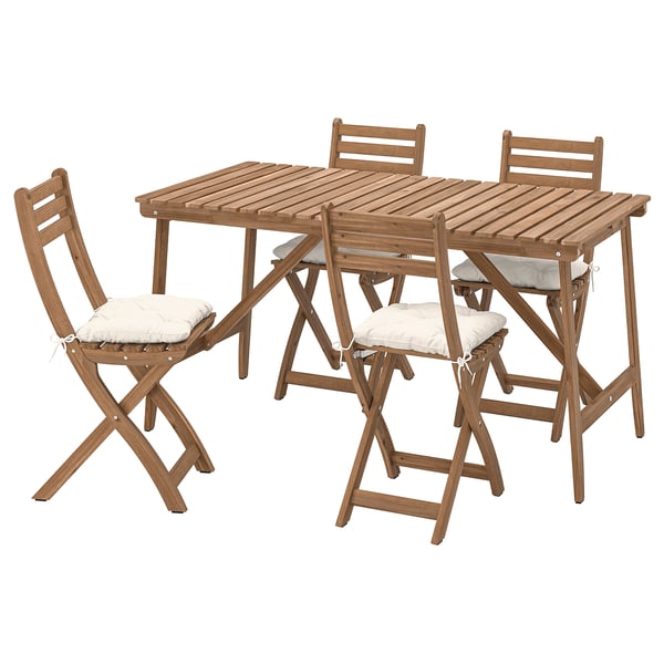 ASKHOLMEN table+4 folding chairs, outdoor, dark brown/Kuddarna light grey-beige, 143x75 cm