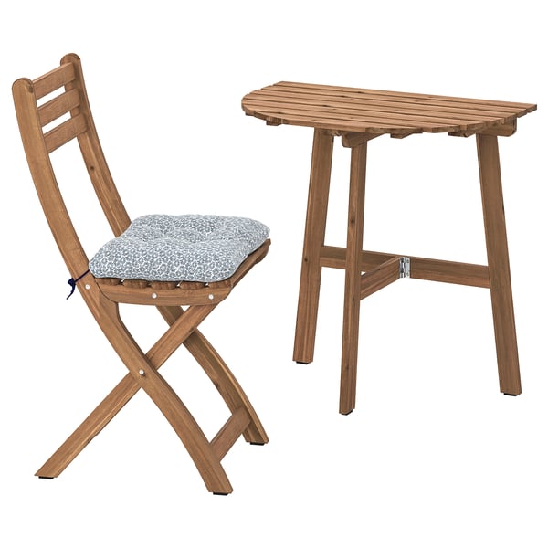 ASKHOLMEN table for wall+1 fold chr, outdoor, dark brown/Klösan blue, 70x44 cm