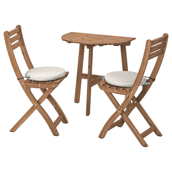 ASKHOLMEN table f wall+2 fold chairs, outdoor, dark brown/Frösön/Duvholmen beige, 70x44 cm