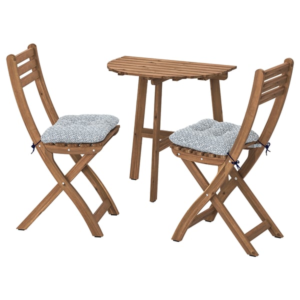 ASKHOLMEN table f wall+2 fold chairs, outdoor, dark brown/Klösan blue, 70x44 cm