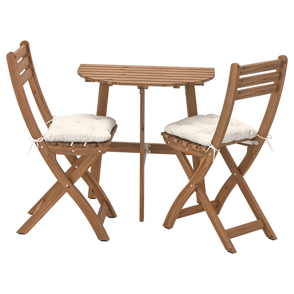 ASKHOLMEN table f wall+2 fold chairs, outdoor, dark brown/Kuddarna light grey-beige, 70x44 cm