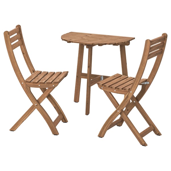 ASKHOLMEN table f wall+2 fold chairs, outdoor, dark brown, 70x44 cm