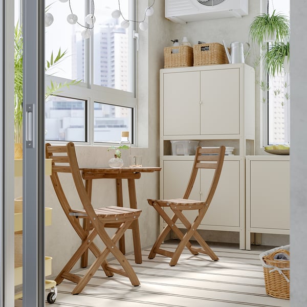 ASKHOLMEN table f wall+2 fold chairs, outdoor, dark brown, 70x44 cm