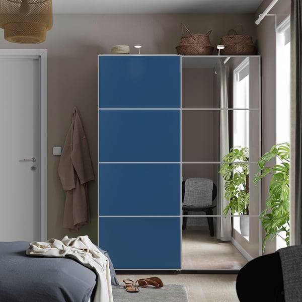 AULI / MEHAMN pair of sliding doors, aluminium mirror glass/double sided blue, 150x201 cm