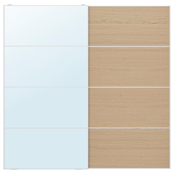 AULI / MEHAMN pair of sliding doors, aluminium mirror glass/double sided white stained oak effect, 200x201 cm
