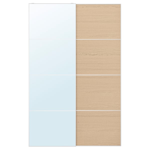 AULI / MEHAMN pair of sliding doors, aluminium mirror glass/double sided white stained oak effect, 150x236 cm