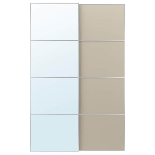 Ikea AULI / MEHAMN - Pair of sliding doors, aluminium mirror glass/double sided grey-beige, 150x236 cm