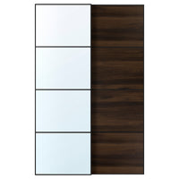 AULI / MEHAMN pair of sliding doors, black mirror glass/double sided dark brown oak effect, 150x236 cm