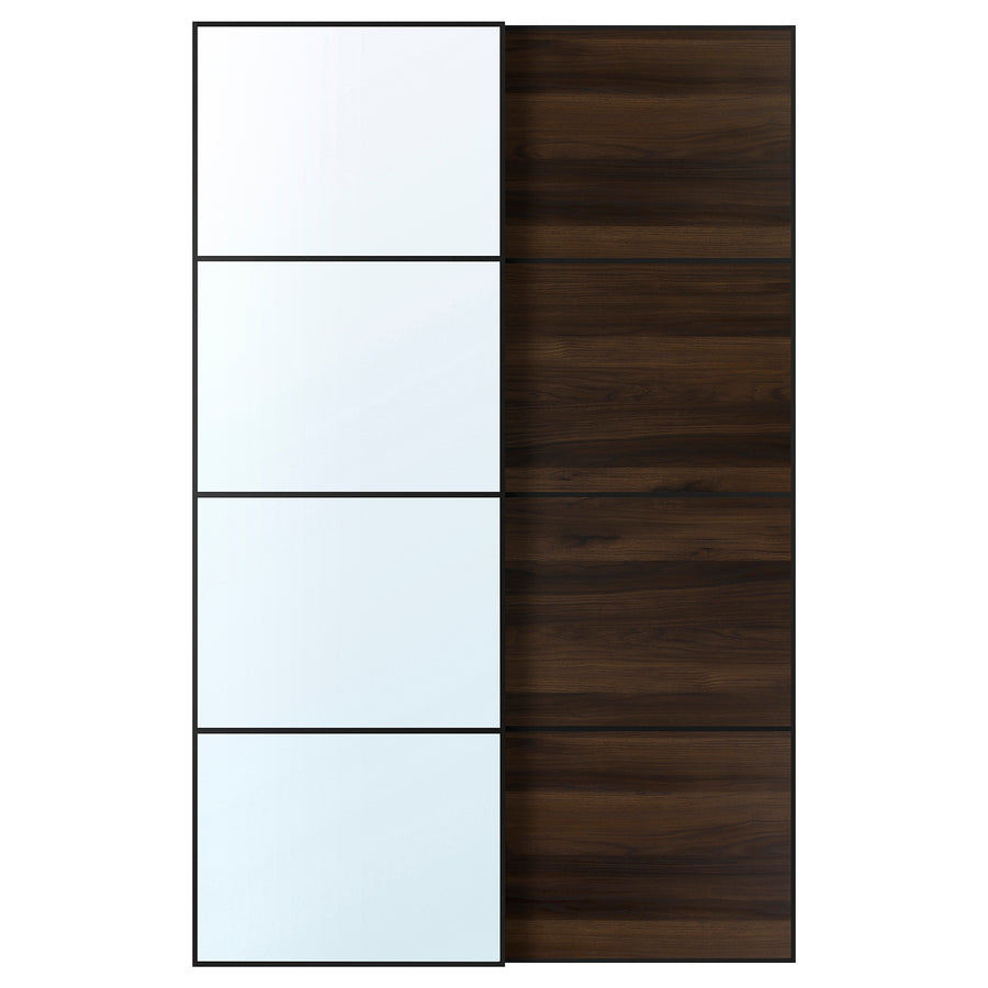 AULI / MEHAMN pair of sliding doors, black mirror glass/double sided dark brown oak effect, 150x236 cm