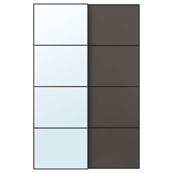 Ikea AULI / MEHAMN - Pair of sliding doors, black mirror glass/double sided dark grey, 150x236 cm