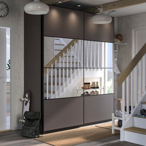 AULI / MEHAMN pair of sliding doors, black mirror glass/double sided dark grey, 150x236 cm