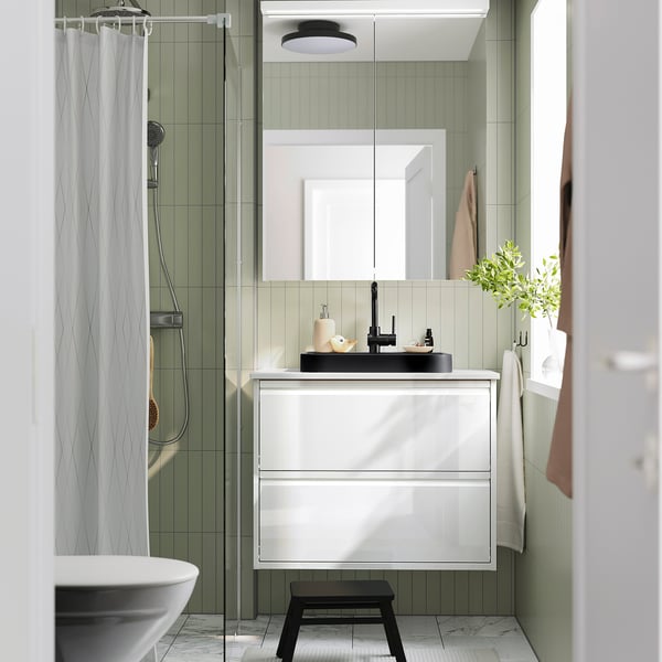 BACKSJÖN semi-recessed wash-basin w watr trp, black, 50x43 cm