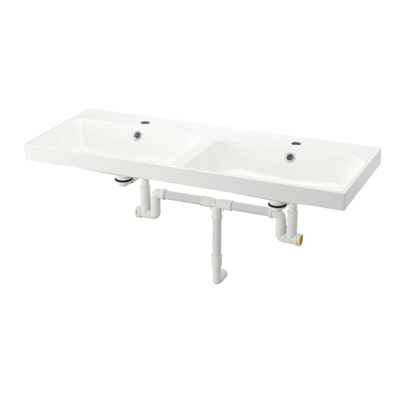 BACKSJÖN double wash-basin with water trap, white, 120x48 cm
