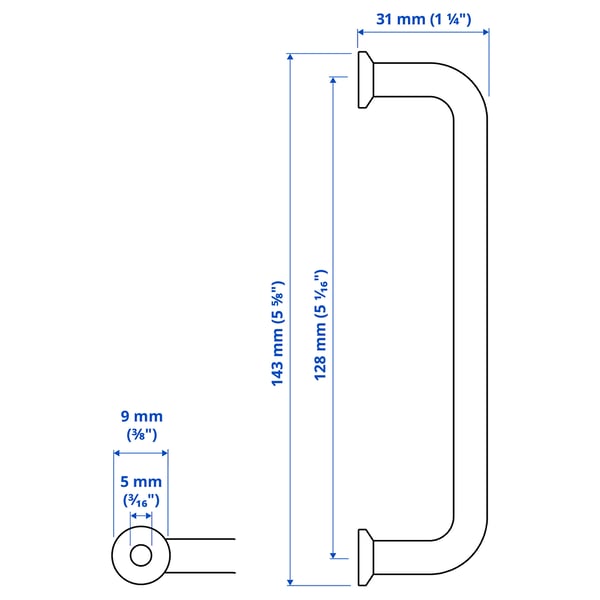 BAGGANÄS handle, Length: 143 mmHole diameter: 5 mmHole spacing: 128 mmDepth: 31 mmWidth: 9 mmQuantity/package: 2 pcs.