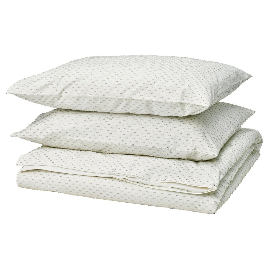 BANDKNIPPE duvet cover and 2 pillowcases, white/green, 240x220/50x80 cm