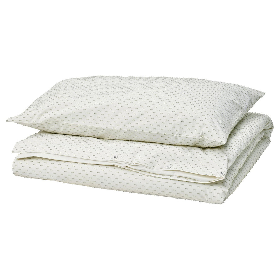 BANDKNIPPE duvet cover and pillowcase, white/green, 150x200/50x80 cm