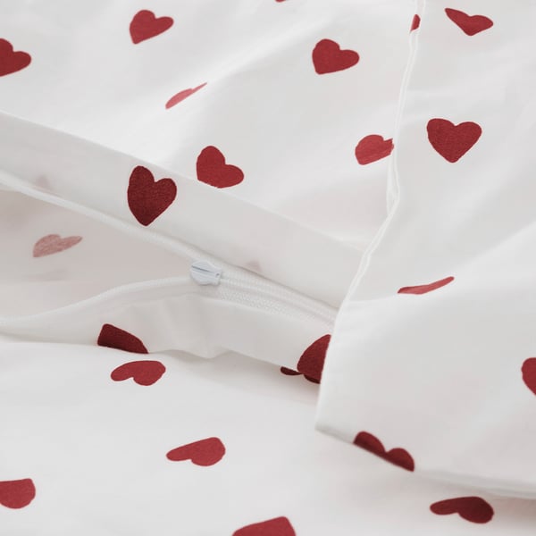 BARNDRÖM duvet cover 1 pillowcase for cot, heart pattern/white red, 110x125/35x55 cm