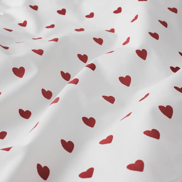 BARNDRÖM duvet cover 1 pillowcase for cot, heart pattern/white red, 110x125/35x55 cm