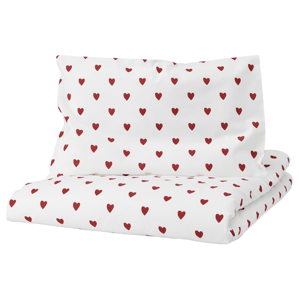 BARNDRÖM duvet cover 1 pillowcase for cot, heart pattern/white red, 110x125/35x55 cm