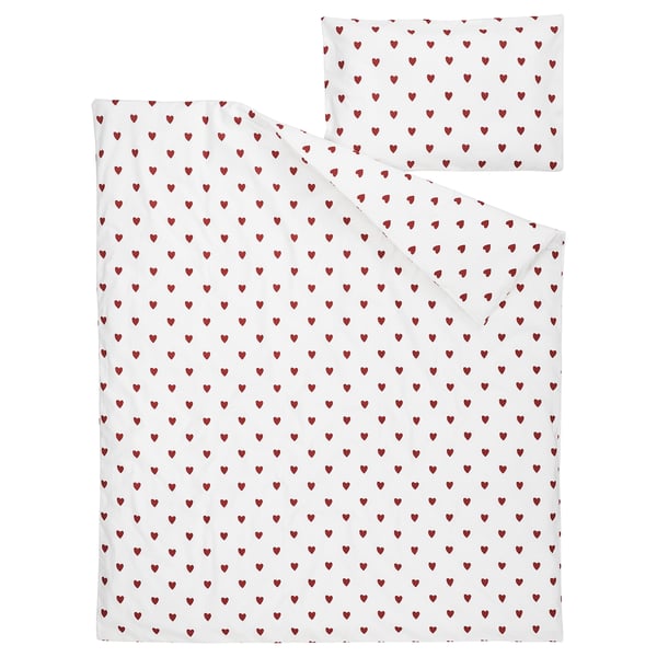 BARNDRÖM duvet cover 1 pillowcase for cot, heart pattern/white red, 110x125/35x55 cm