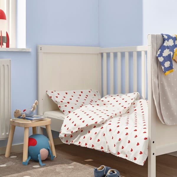 Ikea BARNDRÖM - Duvet cover 1 pillowcase for cot, heart pattern/white red, 110x125/35x55 cm