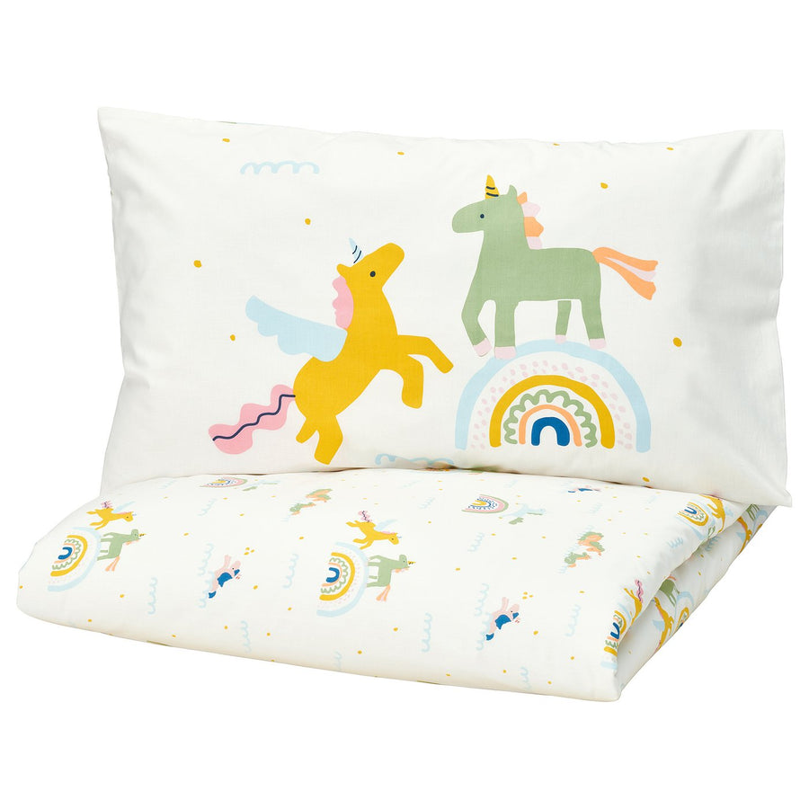 BARNDRÖM duvet cover and pillowcase, white multicolour/unicorn pattern, 150x200/50x80 cm