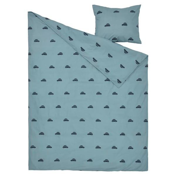 BARNDRÖM duvet cover and pillowcase, car pattern/blue, 150x200/50x80 cm