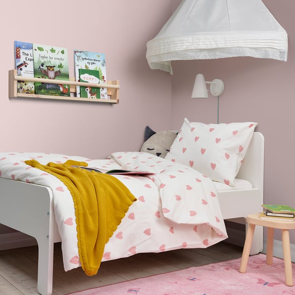 BARNDRÖM duvet cover and pillowcase, heart pattern white/pink, 150x200/50x80 cm