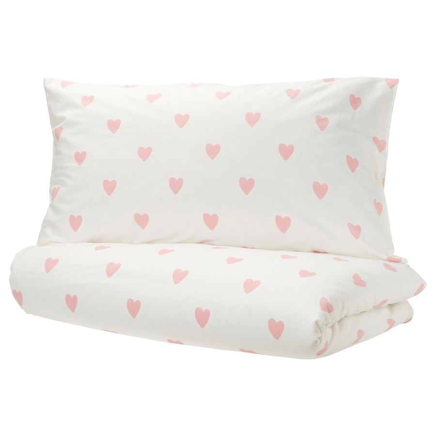 BARNDRÖM duvet cover and pillowcase, heart pattern white/pink, 150x200/50x80 cm