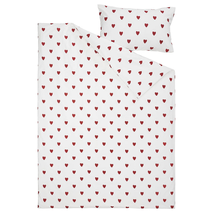 BARNDRÖM duvet cover and pillowcase, heart pattern/white red, 200x150 cm