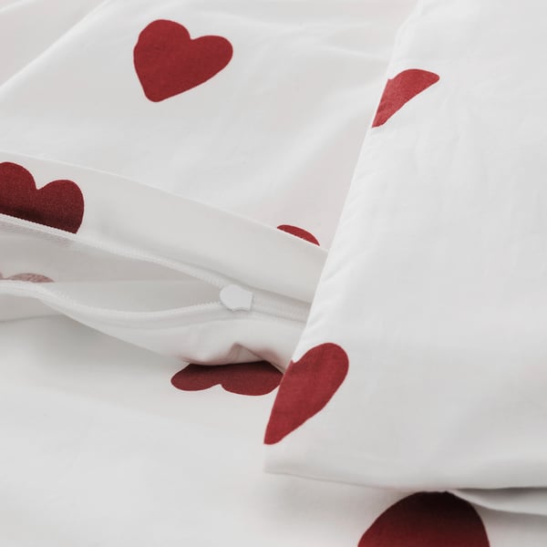 BARNDRÖM duvet cover and pillowcase, heart pattern/white red, 150x200/50x80 cm