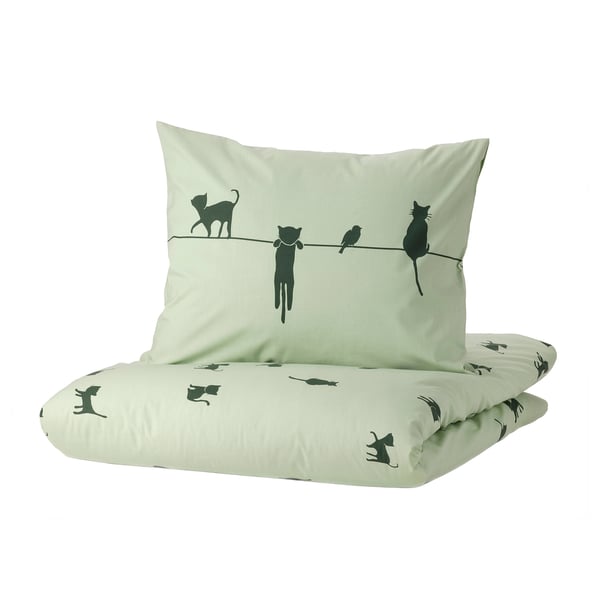 BARNDRÖM duvet cover and pillowcase, cat pattern/green, 150x200/50x80 cm