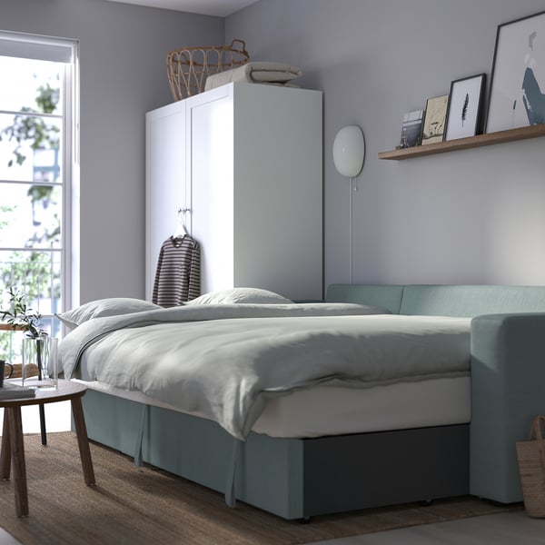 BÅRSLÖV 3-seat sofa-bed with chaise longue, Tibbleby light grey-turquoise, 200x142 cm