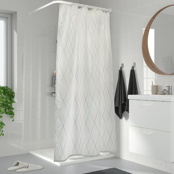 BASTSJÖN - Shower curtain, white/grey/beige, 180x200cm