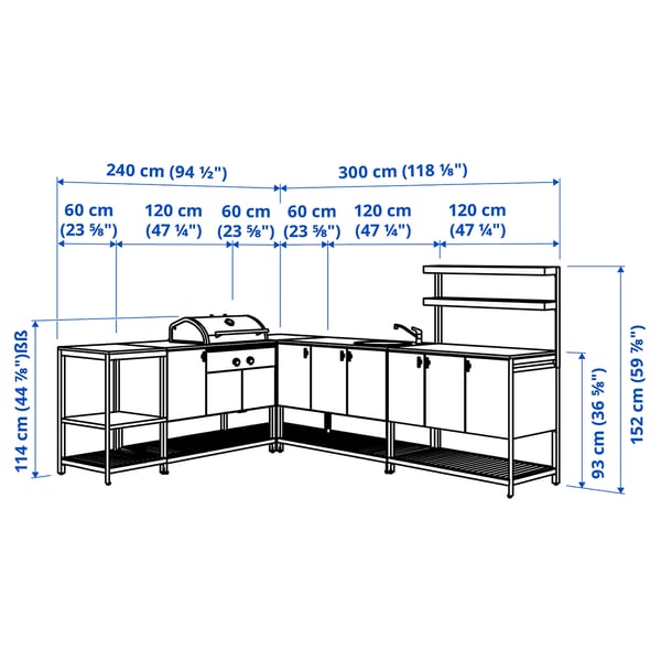 BÅTSKÄR outdoor ktchn w chrcl bbq+sink unit, dark grey, 240x300 cm