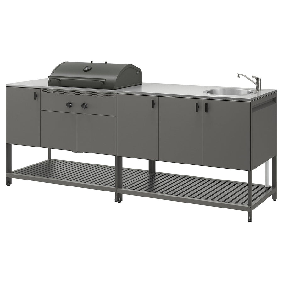 BÅTSKÄR outdoor ktchn w chrcl bbq+sink unit, dark grey, 240x60 cm