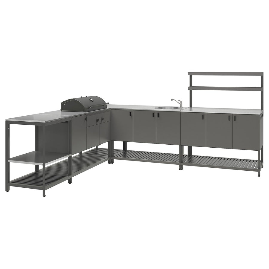 BÅTSKÄR outdoor ktchn w chrcl bbq+sink unit, dark grey, 240x300 cm