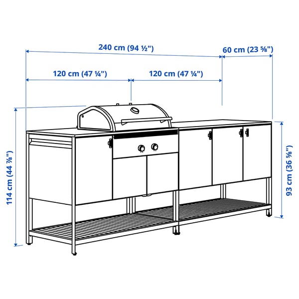 BÅTSKÄR outdoor kitchen w charcoal barbecue, dark grey, 240x114x60 cm