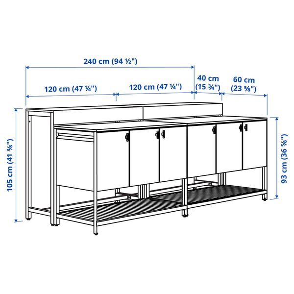 BÅTSKÄR outdoor kitchen island w bar table, dark grey, 240x93x100 cm