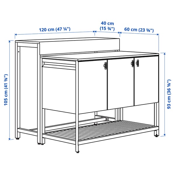 BÅTSKÄR outdoor kitchen island w bar table, dark grey, 120x93x100 cm