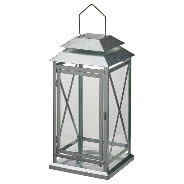 BEFÄSTA lantern f block candle, in/outdoor, galvanised, 44 cm