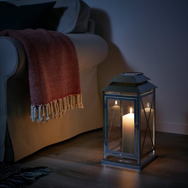 BEFÄSTA lantern f block candle, in/outdoor, galvanised, 44 cm
