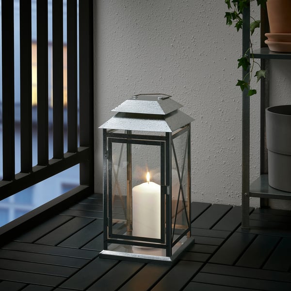 BEFÄSTA lantern f block candle, in/outdoor, galvanised, 44 cm