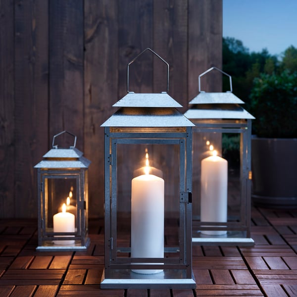 BEFÄSTA lantern f block candle, in/outdoor, galvanised, 44 cm