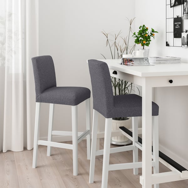 BERGMUND bar stool with backrest, white/Gunnared medium grey, 75 cm
