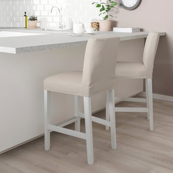 BERGMUND bar stool with backrest, counter height white/Hallarp beige, 62 cm